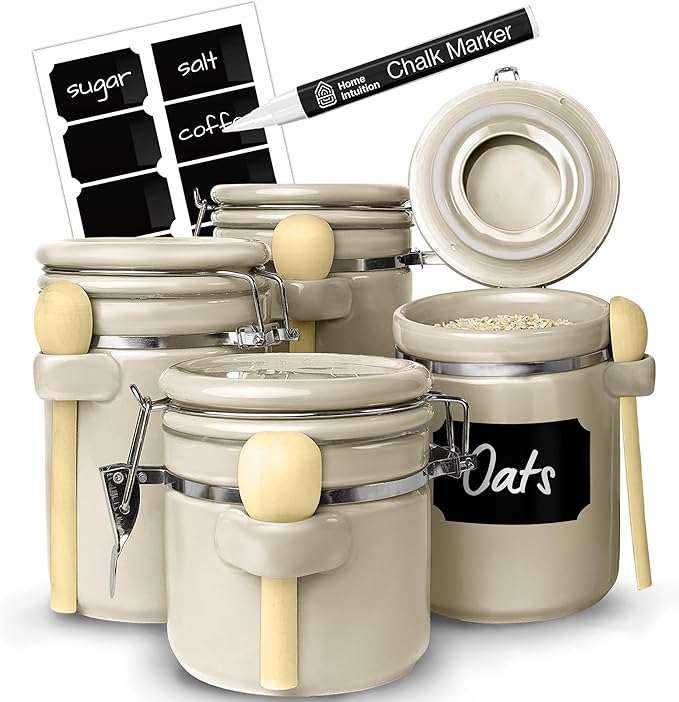 Home Intuition 4-Piece Ceramic Kitchen Canisters Set, Airtight Containers with Wooden Spoons Reusable Chalk Labels and Marker for Sugar, Coffee, Flour, Tea (Off White)-Ruum Studio Home