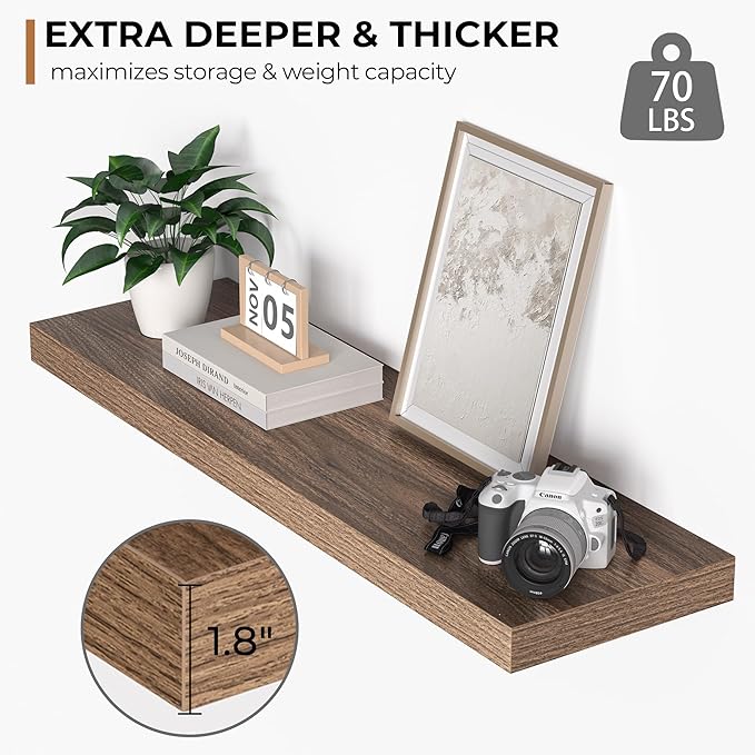 Fun Memories Floating Shelves - 10.3 Inch Deep Wall Shelf for Decor & Storage - Wall Mounted Display Shelving with Invisible Heavy-Duty Metal Bracket - 36"x 10.3"x 1.8" 1 Pack, Walnut-Ruum Studio Home