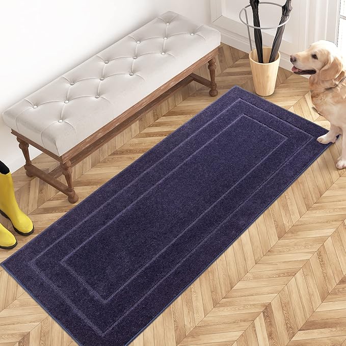 PURRUGS Dirt Trapping Door Mat 24" x 59", Non-Slip/Skid Machine Washable Entryway Rug, Dog Doormat, Super Absorbent Welcome Mat for Muddy Wet Shoes and Paws, Navy Blue-Ruum Studio Home