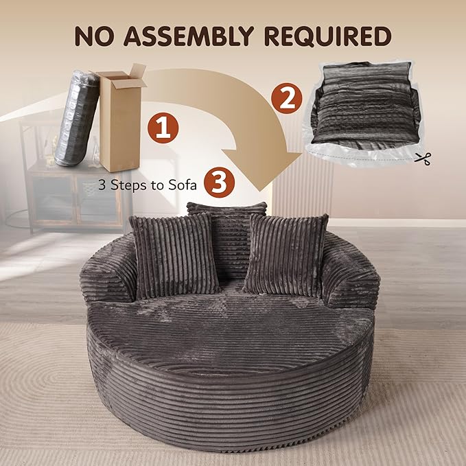 ovios 58" Oversized Round Chair Lounge Chaise Indoor, No Assembly Required, Cloud Large Circle Chair with Plush Fuax Fur, Fluffy Modern Sleeper Sofa Bed for Reading Yoga, Grey (Plush Corduroy Fabric)-Ruum Studio Home