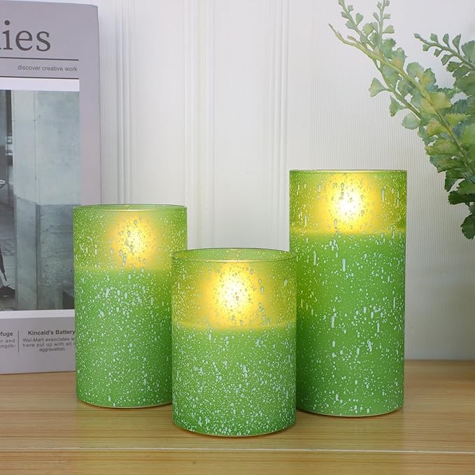 Green Flameless Candles with Remote, Glass LED Pillar Battery Operated Candles with Timer, Flickering Decorative Lights for Home Weddings Holidays Gift Set of 3-Ruum Studio Home