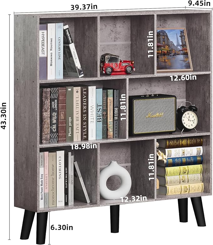 LEYAOYAO 8 Cube Bookshelf,Farmhouse Bookcase with Legs,Modern Dirty Grey Mid-Century Bookshelves,Large 3 Tier Open Storage Organizer Shelf, Retro Wood Display Book Case-Ruum Studio Home