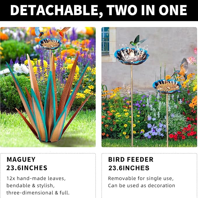 Large Tequila Rustic Sculpture, Rustic Metal Agave Plants for Outdoor, Home Decor Garden Yard Statue (Blue - L (W/Bird Feeder))-Ruum Studio Home