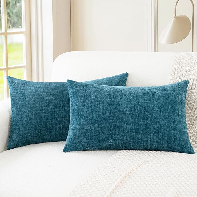CaliTime Throw Pillow Covers Decorative 16 X 26 Inches Pack of 2 Cozy Chenille Cushion Cases for Couch Sofa Bed Living Room Home Ocean Blue-Ruum Studio Home