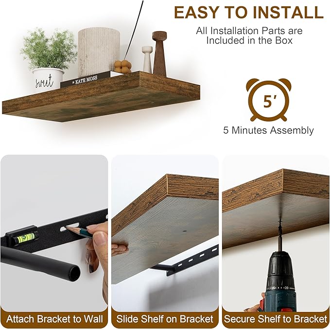 Floating Shelves, 8 Inch Deep Floating Shelves, 24"W x 8"D Wall Shelves Set of 2, Rustic Wood Floating Shelf for Home Decor, Deep Storage Shelves for Kitchen, Bedroom, Living Room, Rustic Brown-Ruum Studio Home