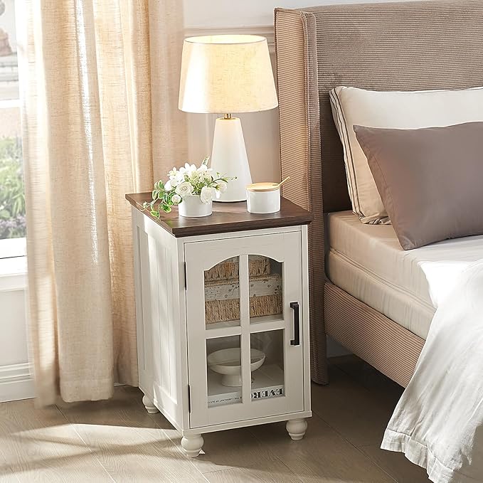 Narrow Side Table,Farmhouse Nightstand with Charging Station,Wood End Table with Glass Barn Door Storage, Cabinet Organizer with Adjustable Shelf, Night Stand for Small Spaces for Living Room Bedroom-Ruum Studio Home