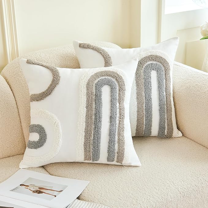 HOdo Home 18x18 Throw Pillow Covers, 2PCS Tufted Boho Jacquard Pillow Covers,Farmhouse Decorative Pillow Cover,Pillow Cases for Couch Sofa Bed Stylish Decor, Simple Textured Cushion Sham-Ruum Studio Home