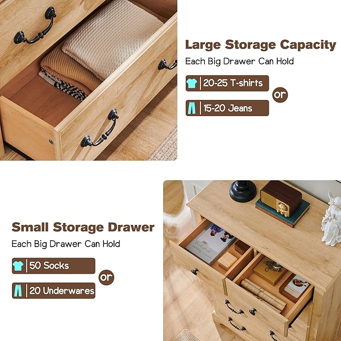 T4TREAM 6 Drawers Dresser Chests for Bedroom, 48" Tall Rustic Chset of Drawers, Wood Dressers Organizer for Bedroom, Living Room,Hallway, Natural Oak-Ruum Studio Home