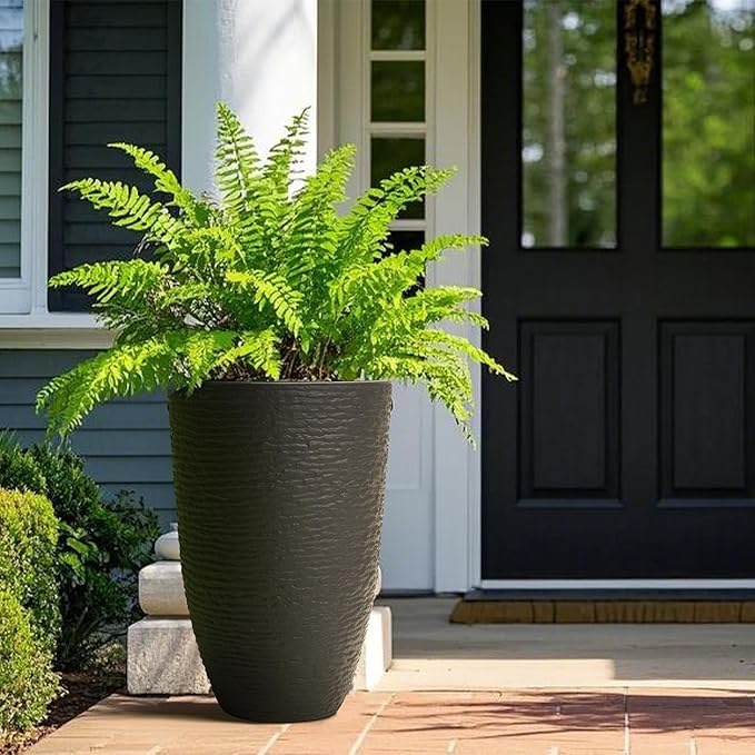 WORTH Garden 21" H Tall Planters 2 Pack - 14'' Dia Resin Large Round Black Flower Pots for Outdoor Plants Trees - Imitation Stone Finish Plastic Indoor Front Porch 9 Gallon Decorative Container Patio-Ruum Studio Home