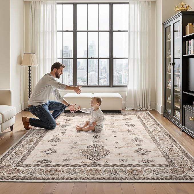 AMOAMI-Vintage Area Rug 8X10 Brown Rugs for Living Room-Soft Living Room Rug Non Slip Rugs for Bedroom Carpet Machine Washable Rug for Dining Room Bedside Office Room Decor-Ruum Studio Home