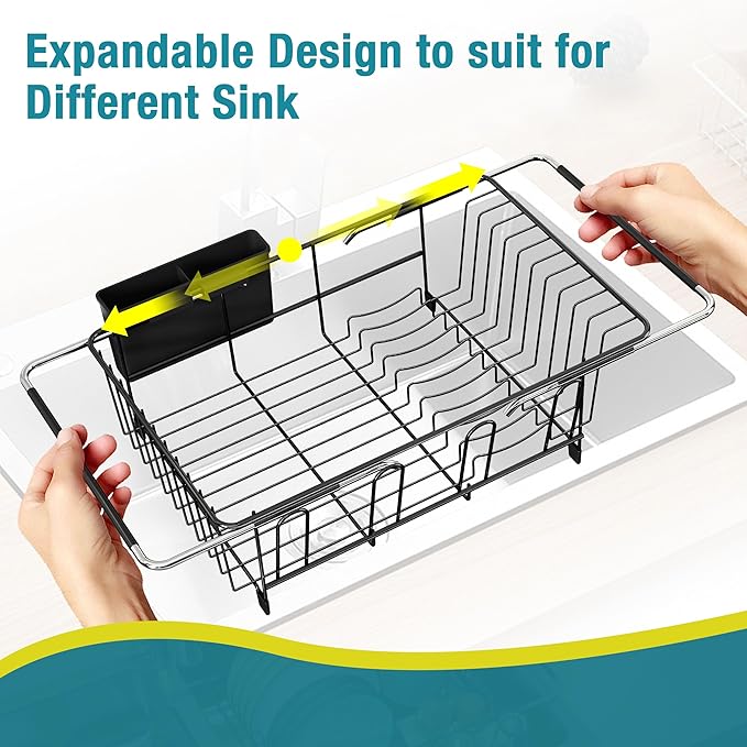 Dish Drying Rack in Sink, Over The Sink Colander Strainer Basket, Stainless Steel Strainer Basket with Expandable Rubber Grip Handles for Vegetables, Fruits, Home Kitchen Essentials, Black-Ruum Studio Home