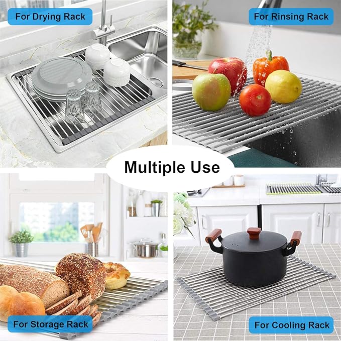 Searik Dish Drying Rack Roll Up Sink Drying Rack, Over The Sink Dish Rack Multi-Use Stainless Steel Dish Drainers Heat Resistant Mat for Drying Draining Trivet (17.7"x13.8")-Ruum Studio Home