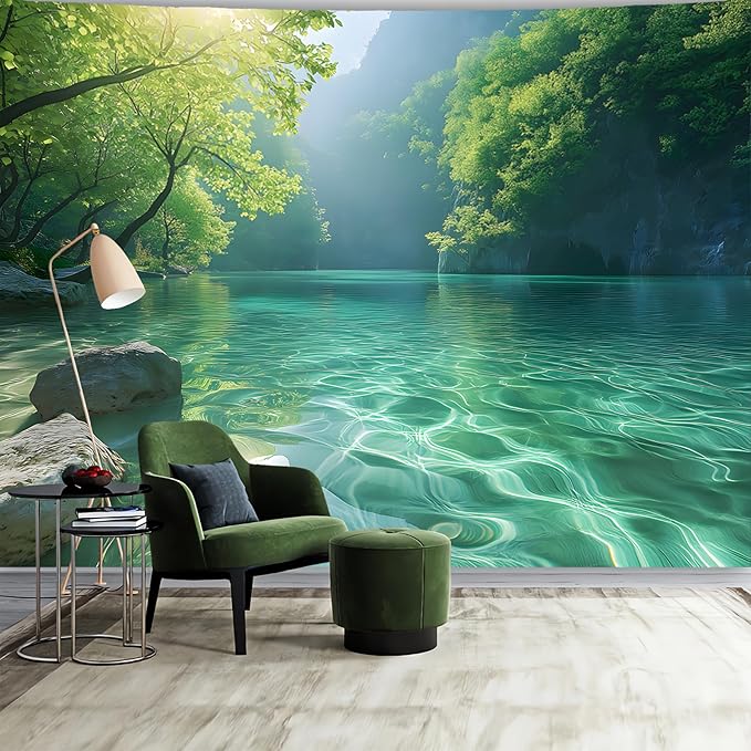 BSFHH Nature Tapestry Forest Tree Sea Cave Wall Hanging, Stream Through Rainforest Landscape Wall Art Tapestry for Bedroom Living room (Lake View, 79"×59", Unframed)-Ruum Studio Home