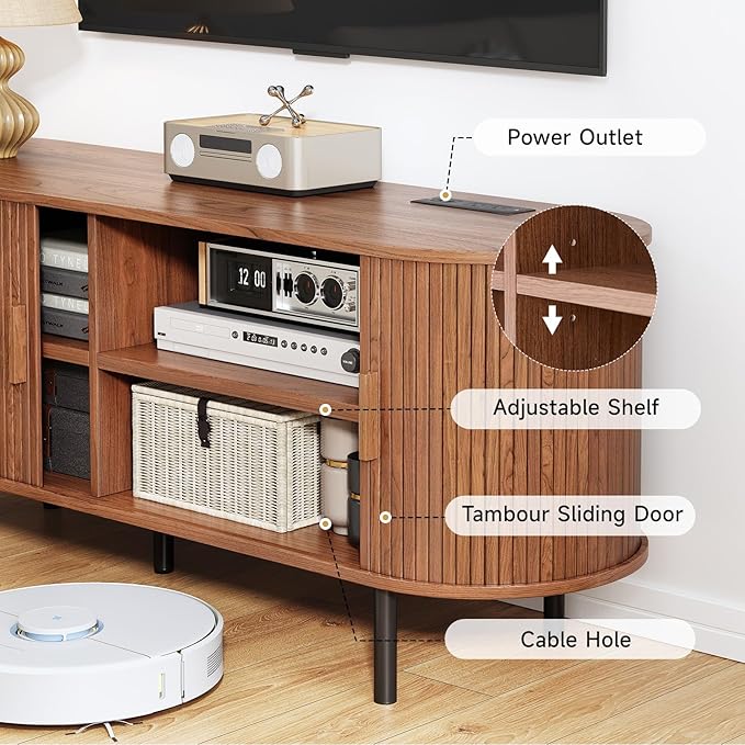 TV Stand with Power Outlet, Mid-Century Modern Television Stand, Media Console with Sliding Doors, Entertainment Center for TVs up to 60 Inch, Adjustable Shelves, Walnut-Ruum Studio Home