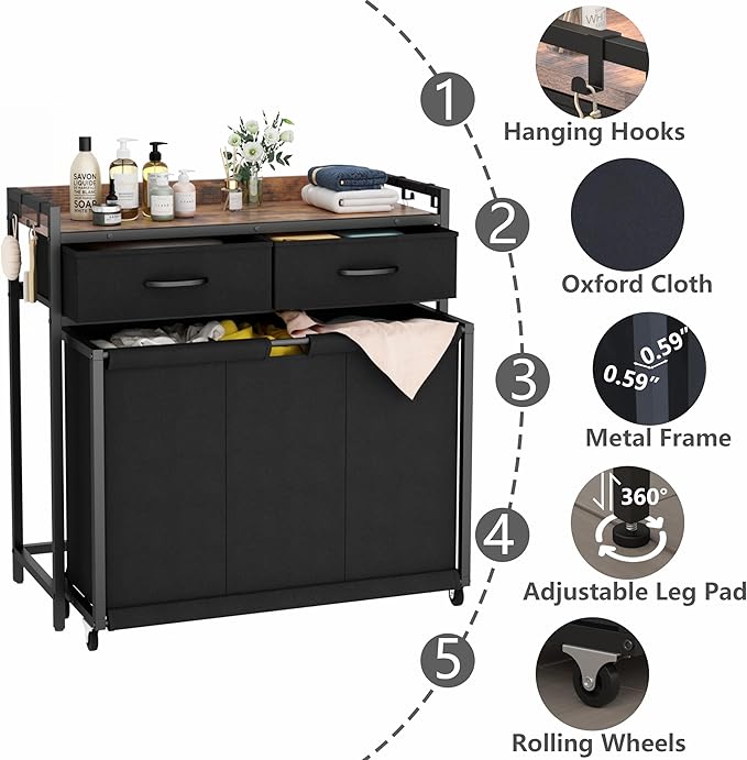 Laundry Hamper Laundry Basket with 3 Section Pull-Out Rolling Bags, Laundry Sorter for Organization and Storage with 2 Pull-Out Drawers for Laundry Room, Bathroom, Bedroom Use (Rustic Brown)-Ruum Studio Home