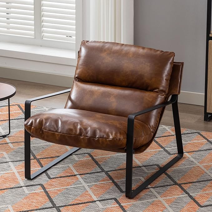 DUOMAY Mid-Century Accent Chair Armchair, Comfy PU Leather Leisure Chair Lazy Chair with Metal Leg for Living Room Bedroom Office Apartment, Brown-Ruum Studio Home