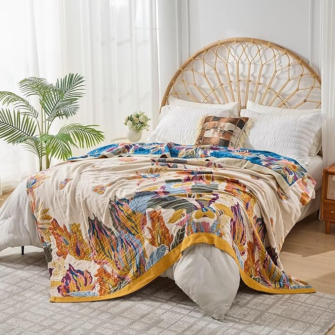 100% Cotton Boho Throw Blanket, King Size Living Room Reversible Fall Throw Blanket, Boho Floral Bird Colorful Retro Quilt Ultra Soft Reversible Gauze Blanket for All Season, 90"x98"-Ruum Studio Home