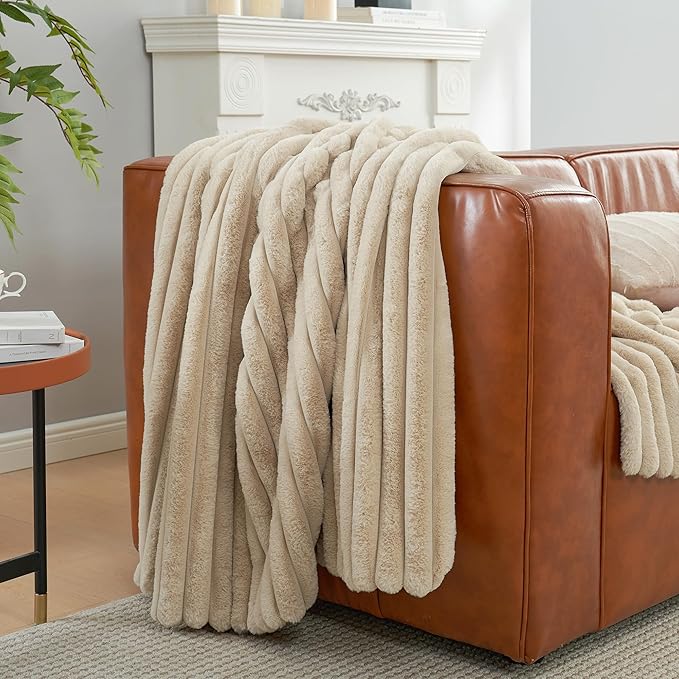 Amélie Home Faux Fur Throw Blanket for Couch, Cozy Fuzzy Fluffy Fur Luxurious Soft Striped Plush Gift Blankets for Family Sofa Chair Bed Living Room Bedroom, 55"x70", Beige-Ruum Studio Home