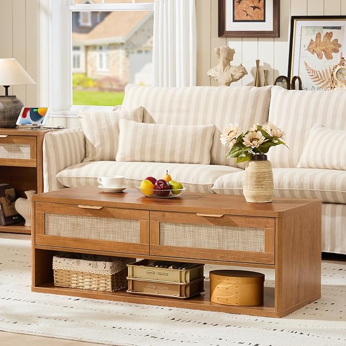 LEYAOYAO Boho Rattan Coffee Table Sets 2 Pieces, Nightstand with Charging Station and Coffee Table with Hidden Storage Compartment, Brown Living Room Table Set, Wood Furniture Sets for Home Office-Ruum Studio Home