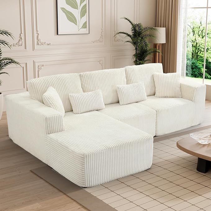 HYJT-H&K Modular Sectional Sofa Cloud Sectional Couch, 107" Comfy Fluffy L Shaped White Couches for Living Room, Deep Seat Memory Foam Plush Corduroy Boneless Couch Sectionals Left Facing Chaise Sofa-Ruum Studio Home
