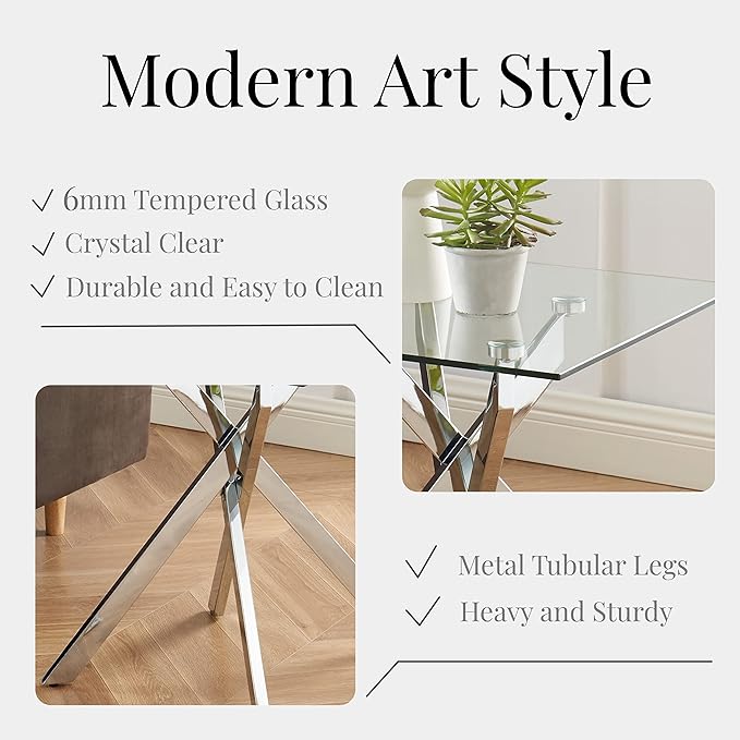 Modern Style Square Side Table with Tempered Glass Top and Metal Tubular Legs, Silver 20”Dx20”Wx22”H-Ruum Studio Home
