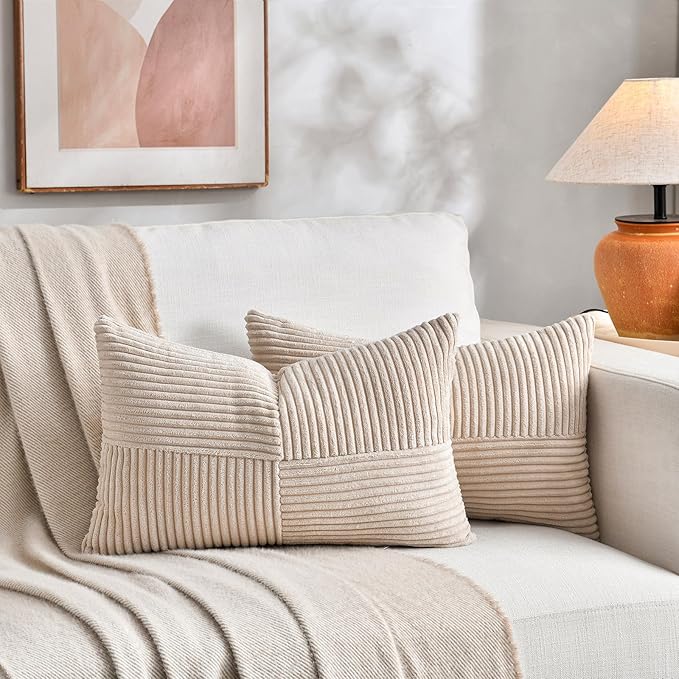 Fancy Homi 2 Packs Tan Long Lumbar Decorative Throw Pillow Covers 12x24 Inch for Couch Bed Sofa, Rustic Farmhouse Boho Home Decor, Soft Striped Corduroy Rectangle Accent Beige Cushion Case 30x60 cm-Ruum Studio Home