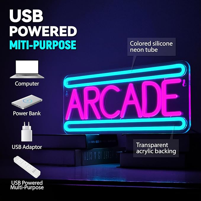 Arcade Neon Sign Arcade Neon Light for Wall Decor USB Powered Dimmable Arcade LED Neon Lights Sign for Game Room for Game Room Recreation Living Room Birthday Gift Man Cave Bedroom Decor-Ruum Studio Home