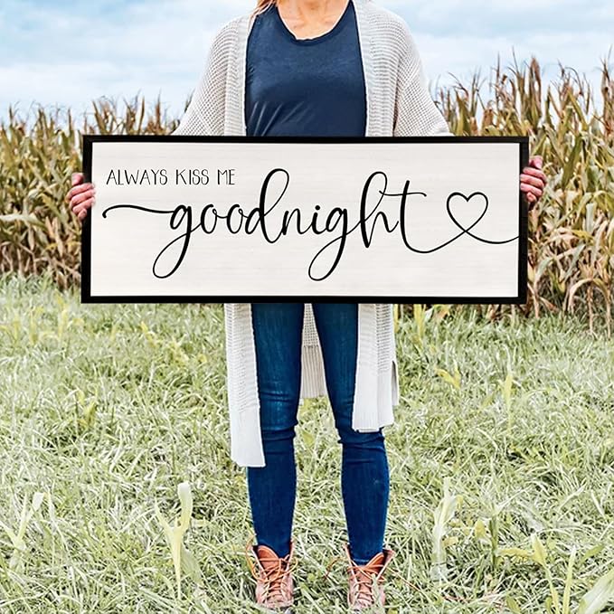 flowtorely Always Kiss Me Goodnight Wall Sign For Master Bedroom Above Bed Wall Decor 40''×15'' Large Rustic Solid Wood Frame For Farmhouse Couples Above bed Wall Art Decoration (Black)-Ruum Studio Home
