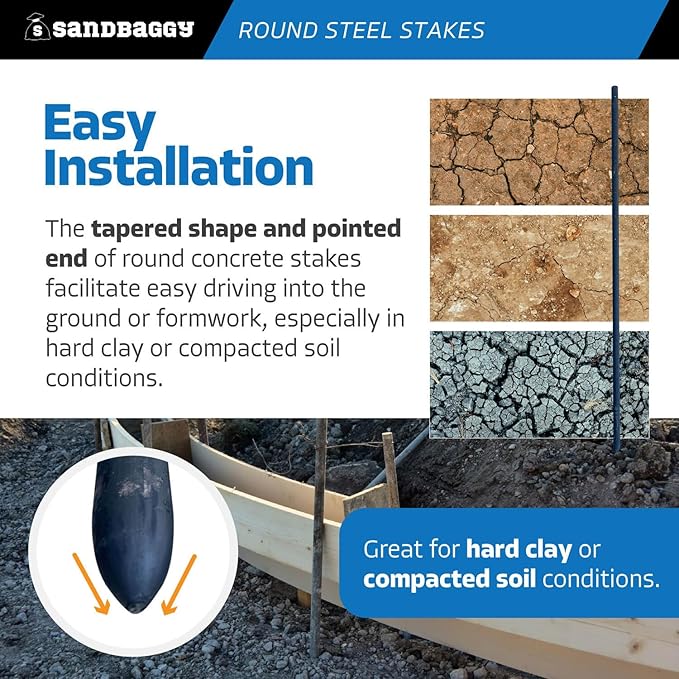 Sandbaggy Round Steel Concrete Form Stakes with Nail Holes - Rust Resistant Coating - Removable, Reusable (25, 3/4 in X 48 in)-Ruum Studio Home