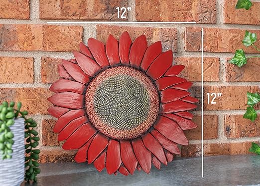 NAT & Jules Sunflower Shaped Dimensional Indoor Outdoor 12 inch Cast Resin Decorative Garden Stepping Stone, Patio, Walkway Sculpture Yard Art, Red-Ruum Studio Home