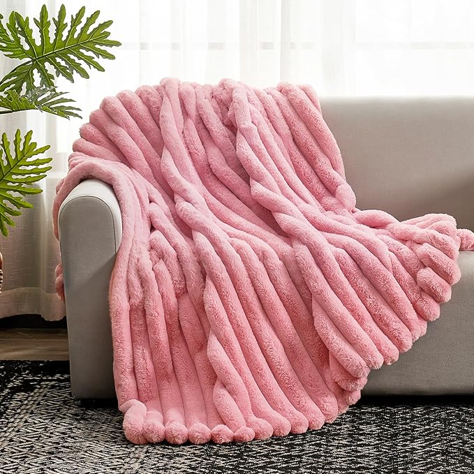 Cozy Bliss Faux Fur Throw Blanket for Couch, Cozy Warm Plush Striped Blanket for Sofa Bedroom Living Room,60 * 80 Inches Hot Pink-Ruum Studio Home