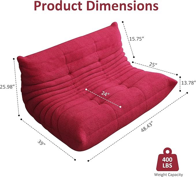 Bean Bag Chair, Oversized Loveseat Fireside Chair for Adults, 2 Seater with Memory Foam Filled, Lazy Sofa Lounge Floor Sofa for Living Room, Bedroom, Office, No Assembly Required. (Burgundy)-Ruum Studio Home