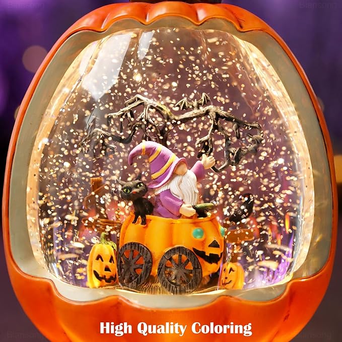 Halloween Snow Globe Pumpkin Halloween Decorations Indoor Gnome Black Cat Bat Swirling Glitter Timer-Ruum Studio Home