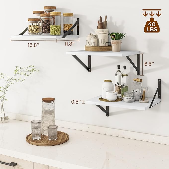 Heimlove Deep Floating Shelves for Wall, 12 Inch Deep Floating Shelves Set of 3, 16W x 12D Wood Wall Shelves, Wide Wood Shelves with Metal Bracket for Living Room, Kitchen, Office, Bedroom - White-Ruum Studio Home