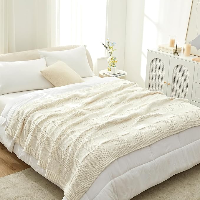 Amélie Home Chenille Knit Throw Blanket for Couch, Checkered Texture Decorative Soft Blanket for Sofa, Bed & Living Room, 50"x60", Ivory-Ruum Studio Home