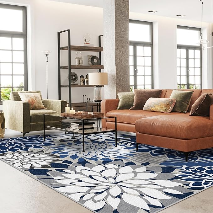 Indoor Outdoor Area Rug Washable Multicolored Patio Rug Tropical Botanical Modern Floral Indoor Outdoor Carpet Blue White Rug Non Slip for Patio, Deck, Backyard, Porch (5x8)-Ruum Studio Home