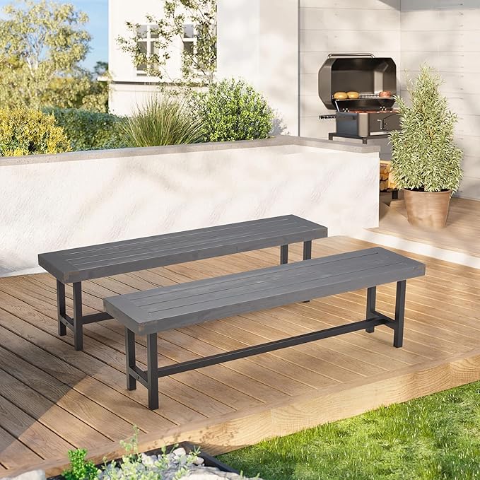 AVAWING Outdoor Wood Benches Set of 2, 63" Patio Wooden Picnic Bench for 6 Persons, Rectangular Bench for Porch, Balcony and Deck,Grey-Ruum Studio Home