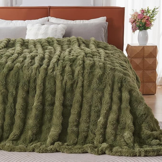 Lotus Karen Faux Fur Blanket Dark Green - Big Bubble Rabbit Fluff King Blankets for The Bed,Softest Fluffy Fuzzy Cozy Blanket,Thick Furry Plush Shaggy Warm Blankets for Women,108x90 Inches-Ruum Studio Home