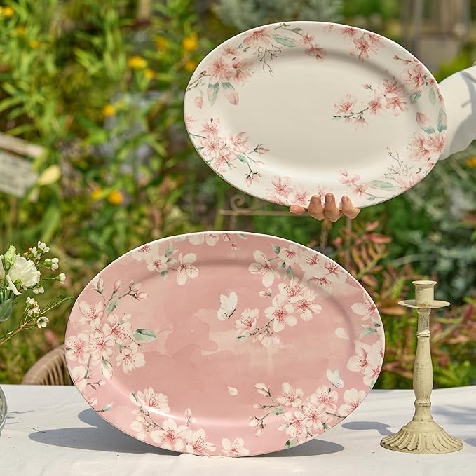 Bico Spring Sakura 16 plus 14 inch Ceramic Oval Platters Set, Set of 2, Microwave & Dishwasher Safe, for Serving Fish, Chicken, Turkey-Ruum Studio Home