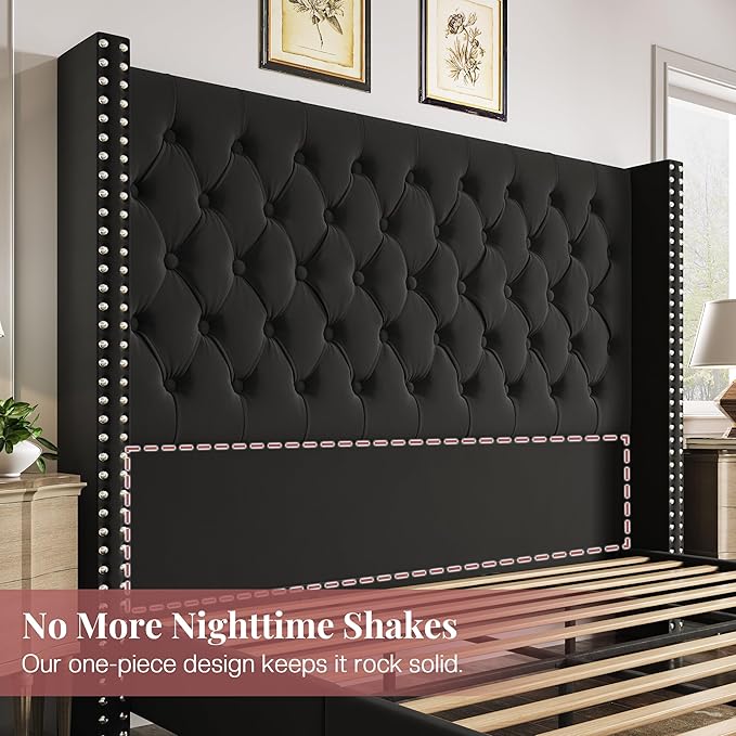 PaPaJet King Size Bed Frame with 61.4" Tall Headboard, Velvet Modern Upholstered Tufted Bed for Adults, Handmade Deep Button Tufting, Solid Wood Legs, No Box Spring Required, Black-Ruum Studio Home