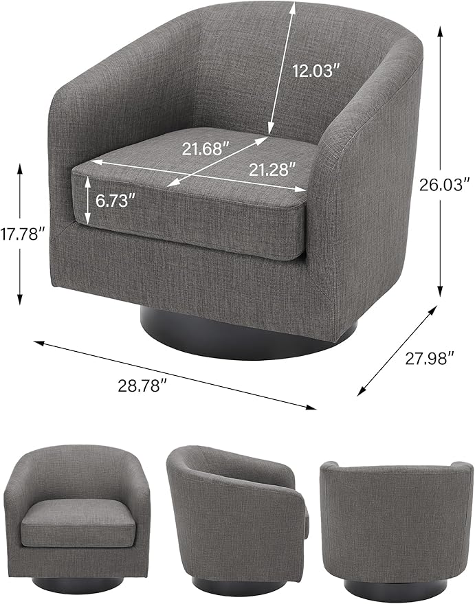 Swivel Barrel Accent Chair, Modern Round Linen Arm Chair for Living Room, Bedroom, Comfy Club Reading Chairs for Adults（Linen Fabric, Grey, Set of 2-Ruum Studio Home
