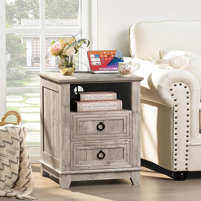 18" Farmhouse Night Stand with Charging Station, 2 Drawers End Table Dresser for Bedroom, Oak Wooden Nightstand, Bed Side Table with Open Shelf, Bedside Cabinet for Living Room, Closet-Ruum Studio Home
