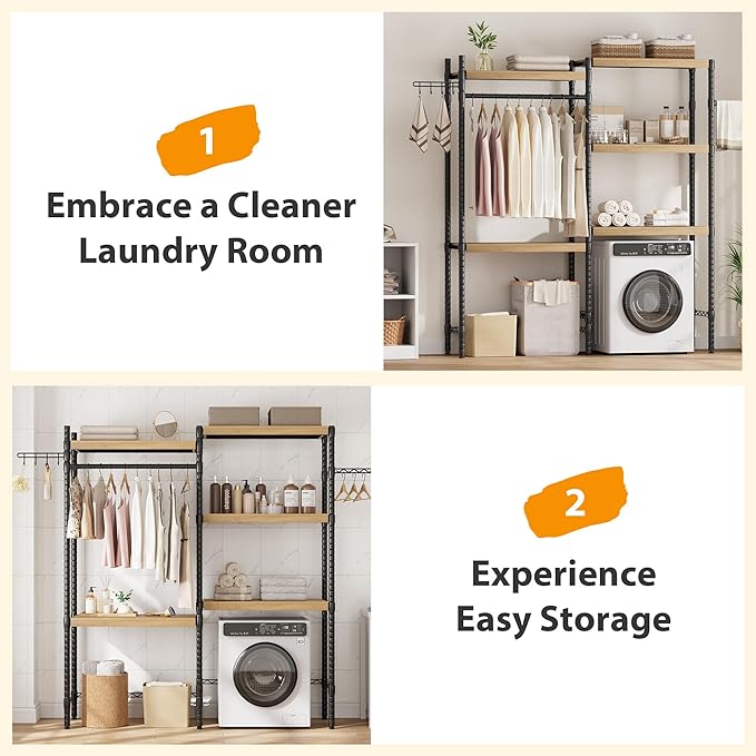 5-Tier Over-The-Washer Shelf - Adjustable 28" Laundry Organizer with 100lb Double Wood Shelves, Space-Saving Storage Unit for Small Homes (Natural & Black)-Ruum Studio Home