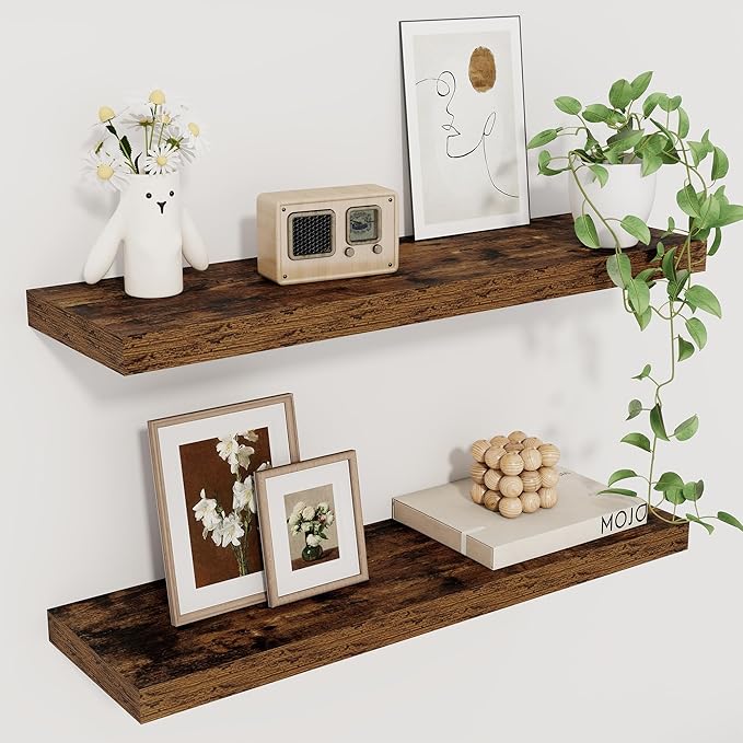 Fun Memories Floating Shelves for Wall, 22.5" Rustic Wood Deep Wall Mounted Shelves with Invisible Brackets for Decor & Storage, Floating Shelf for Living Room, Bathroom (Rustic Brown, Set of 2)-Ruum Studio Home