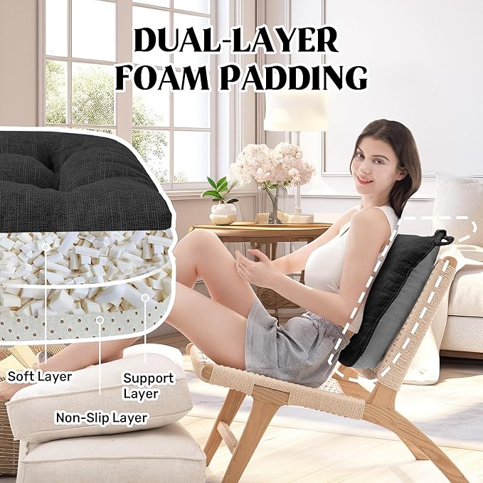 puredown® Chair Cushions for Dining Chairs, Tufted Memory Foam Chair Pads with Non-Slip Backing, Kitchen Seat Cushions with Ties, Washable Seat Pad Set of 4, 15.5" x 15.5" x 4", Black-Ruum Studio Home