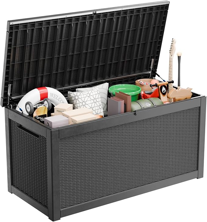 260 Gallon Large Resin Deck Box, Lockable Outdoor Storage Box for Patio Cushions Storage Furniture,Garden Tools, Pool Supplies, Weatherproof and UV Resistant-Black Rattan (260 Gallon)-Ruum Studio Home