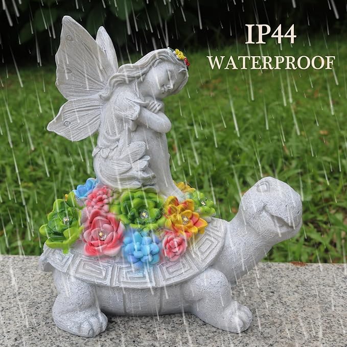 Garden Statues Outdoor Decorations Solar Turtle Angels Decor with Succulents LED Lights Garden Ornaments Figurines for Patio Yard Lawn Gifts for Women Grandma-Ruum Studio Home