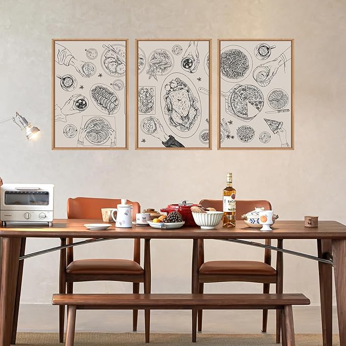 HPINUB Vintage Food and Drink Framed Canvas Wall Art Set,Sketch Pizza Cheers Wall Decor,Thanksgiving Dinner Turkey Artwork,Black and white Art Prints for Kitchen,Dining Room,Gatherings Decor-16"x24"x3-Ruum Studio Home