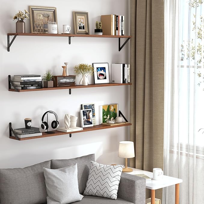 Heimlove 48 Inch Large Wall Bookshelves Set of 3, Wall Mounted Bookshelves,Heavy Duty Wooden Shelves for Living Room,Bedroom,Kitchen,Laundry Room Storage & Decor-Ruum Studio Home