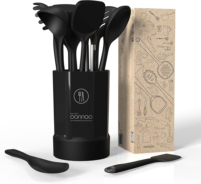 Thickened Silicone Kitchen Utensils Set, 600°F Heat Resistant Silicone Cooking Utensils, Spatula, Spoon, Whisk, Tongs, Kitchen Gadgets Sets for Nonstick Cookware, Dishwasher Safe BPA Free (Black)-Ruum Studio Home